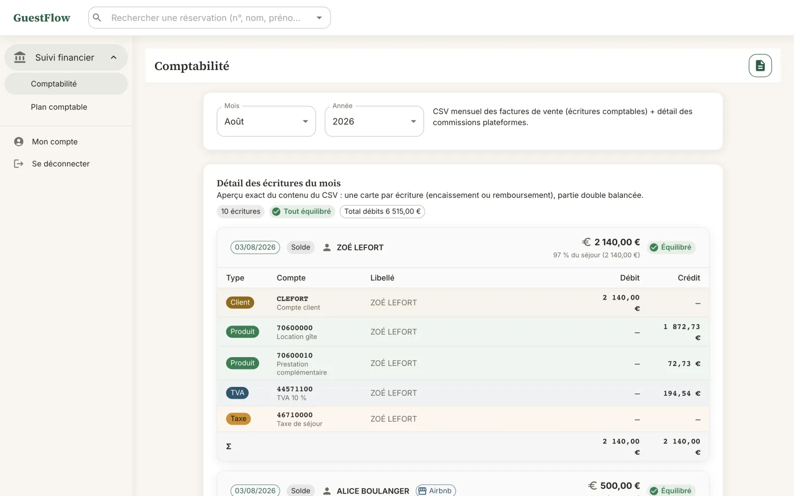 L'accès du comptable : seulement la comptabilité, avec les écritures du mois en partie double, prêtes à exporter