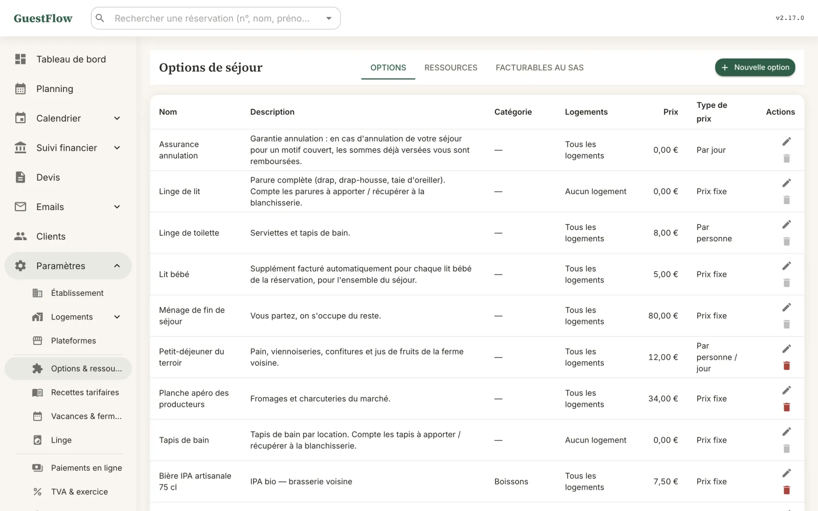 Le catalogue des options de séjour, que le connecteur reporte sur le site internet