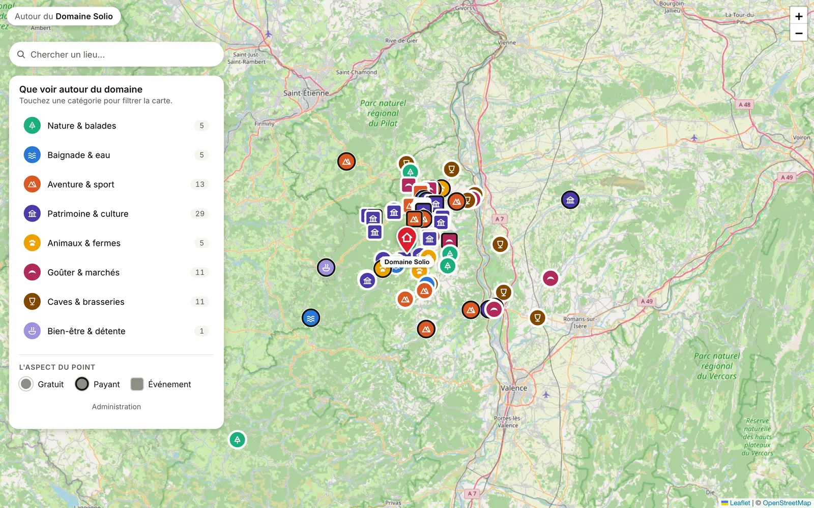 Carte interactive des activités autour d'un domaine touristique